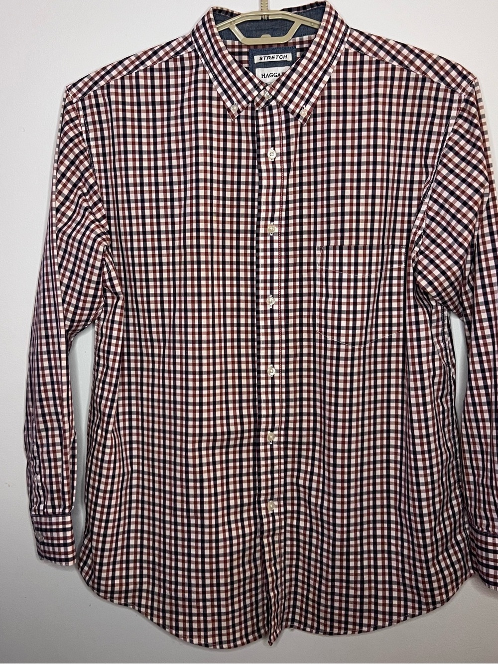 Haggar Orange and Navy Check Stretch Button-Down Shirt